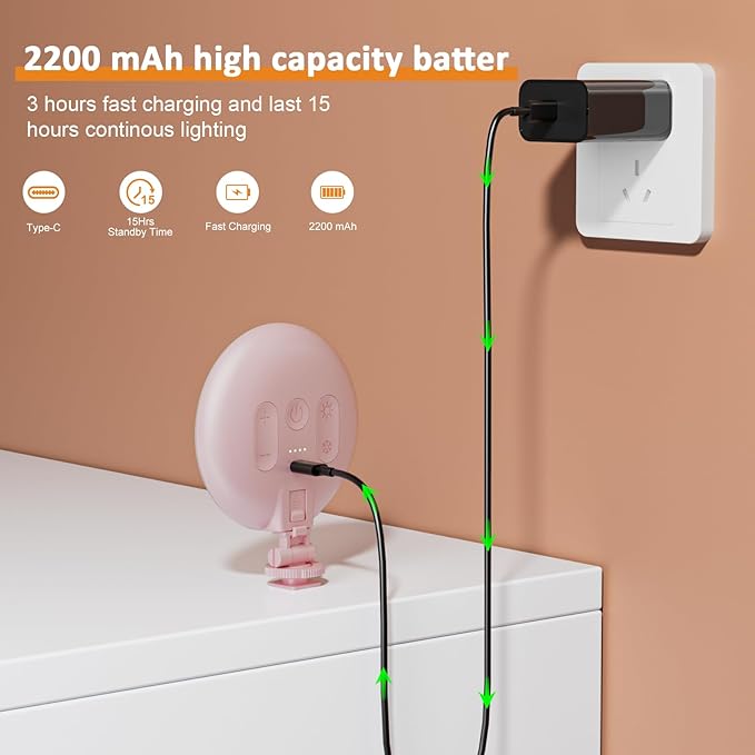 60 LED Ring Light, Rechargeable Selfie With Front & Back Clip, 2500-6500K Portable Phone, Adjustable 3 Modes for iPhone, iPad, Tablet, Laptop, CRI97+, 90 Grams (Pink)