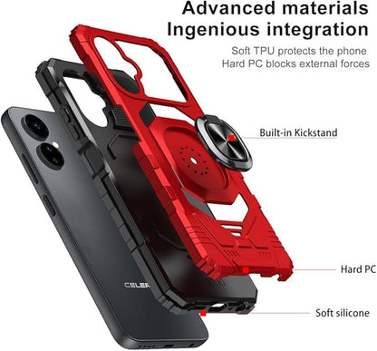 for Boost Mobile Celero 5G 2024 Case with 1 Pack Screen Protector,Dual Layer Hybrid Heavy Duty Defender Protection,Sleek Rugged Reinforced Cushion Corner Kickstand Shockproof Bumper Cover Red