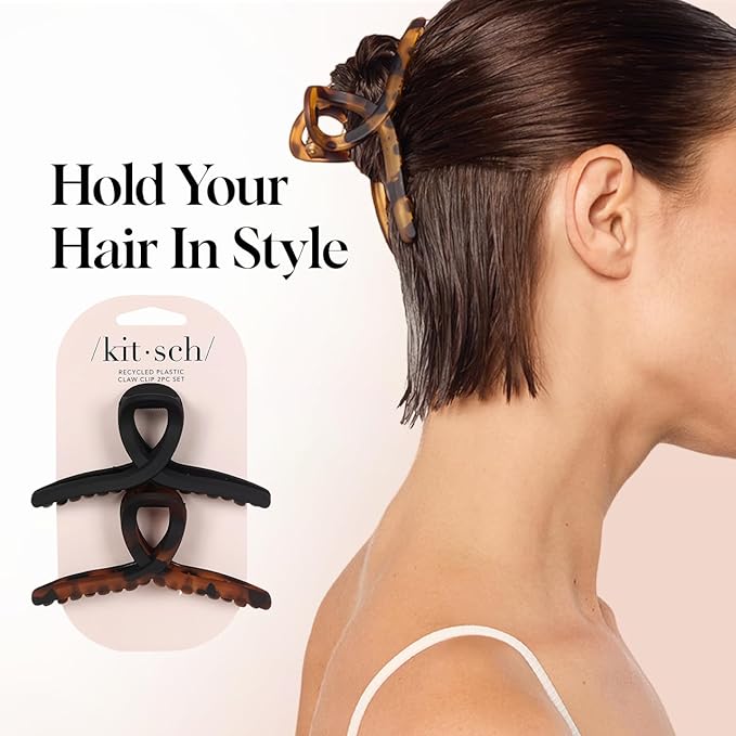 Kitsch Large Hair Clips for Women - Fashionable Loop Hair Claw Clips | Matte Plastic, Easy-Grip | Perfect for Everyday Use & Special Occasions - Tortoise & Black, 2 Pcs
