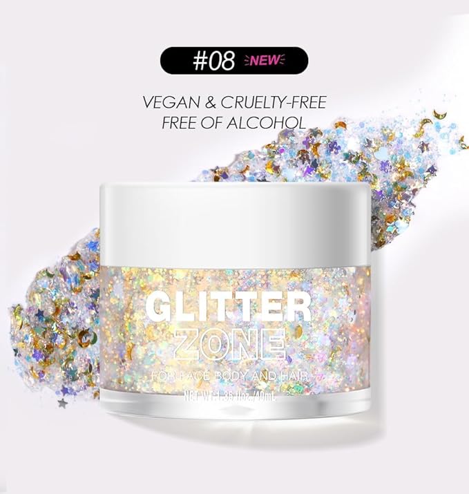 Holographic Body Glitter Gel - Cosmetic-Grade, Color Changing Halloween Glitter Makeup Glitter for Face, Body, and Hair, Safe and Easy to Use, Perfect for Festivals Parties (08 Golden Starlight)