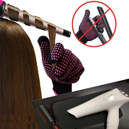 Heat Resistant Silicone Glove and Mat Set for Curling Iron, Hair Straightener, Flat Irons - 9" x 6.5" Food Grade Silicone Mat, Black