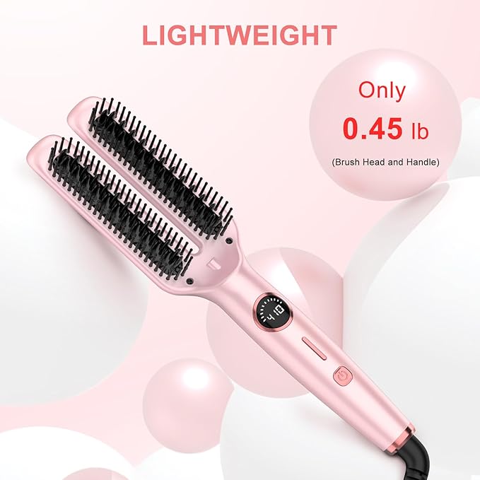 Nimmu Hair Straightener Brush, Hair Straightening Brush Flat Iron for Women with 5 Temps, Ceramic Straightener Comb Fast Heating for Home Salon, Double Heating Plate & Dual Voltage, Pink