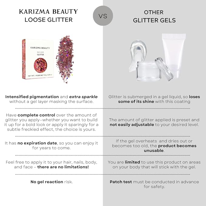 KARIZMA Self Love Heart Glitter. 10g Chunky Face, Hair, Eye, Body for Women. Rave, Festival Accessories, Cosmetic Makeup. Loose Set