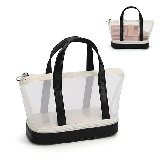 OCHEAL Small Multi-Functional Makeup Bag for Teens and Women Cute Cosmetic Case with Zipper Pouch/Double Handle for Travel Daily Use Multi-Scene Storage - Christmas or Birthday Gift for Girls-Black
