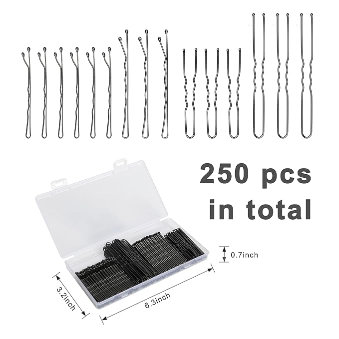 250 Pcs Hair Pins Bobby Pins Black with Storage Box, Wavy Bobby Pins 2inch 2.4inch, U Shaped Hair Pins 2inch 2.8inch, Suitable for All Hair Types, Hair Clips Hair Pin for Women and Girls