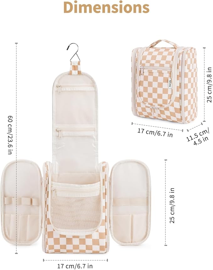 Narwey Small Checkered Hanging Travel Toiletry Bag for Women, Travel Bag for Toiletries, Makeup Bag Organizer Cosmetic Bags Make Up Bags for Women (Light Checkerboard)