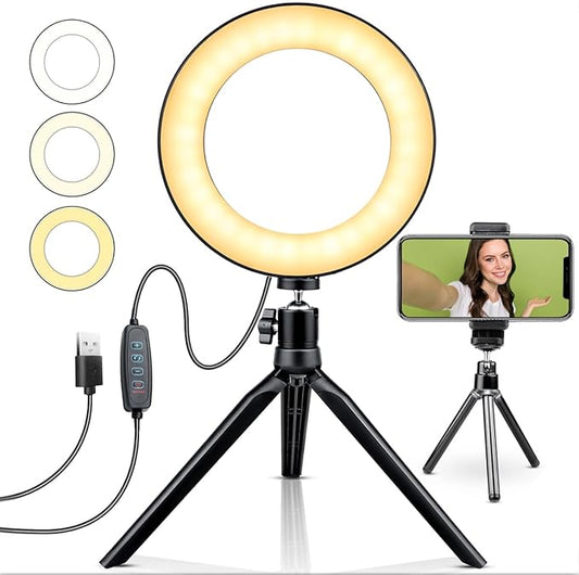 6" Ring Light with Stand & Phone Tripod 11 Brightness Level，Desktop Light for Remote Meeting, YouTube, Selfie, Makeup, Live Streaming,Business Video Call