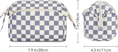 Narwey Checkered Makeup Bag Women Wide-open Make up Bag Travel Cosmetic Bag Organizer Toiletry Bag for Cosmetics Toiletries Accessories (Greyish Blue Checkerboard)