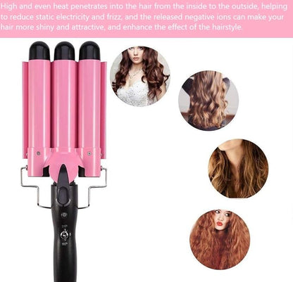 3 Barrel Curling Iron Wand 26mm Hair Waver Temperature Adjustable Ceramic Hair Curling Iron (Pink)