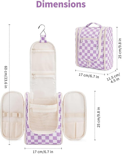 Narwey Small Checked Hanging Travel Toiletry Bag for Women, Travel Bag for Toiletries, Makeup Bag Organizer Cosmetic Bags Make Up Bags for Women (Purple Checkerboard)