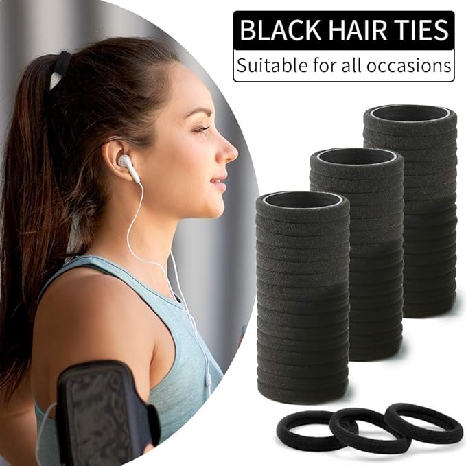 100PCS Black Hair Ties for Women Girls, Seamless Thick Black Hair Band, Elastic Hair Ties No Damage Ponytail Holder