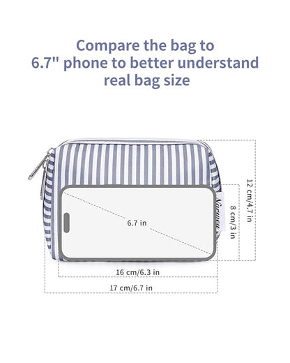 Narwey Small Striped Makeup Bag for Purse Mini Cosmetic Bag Travel Makeup Pouch Zipper Pouch Cute Make up Bags with Compartments for Women Girls (Greyish Blue Stripe, Small)