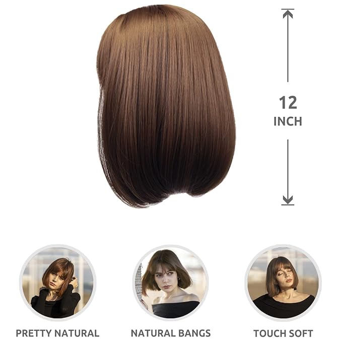 Onpep Short Straight Bob Wigs with Air Bangs Honey Brown Wig for Women Shoulder Length Heat Resistant Fiber Hair Wigs