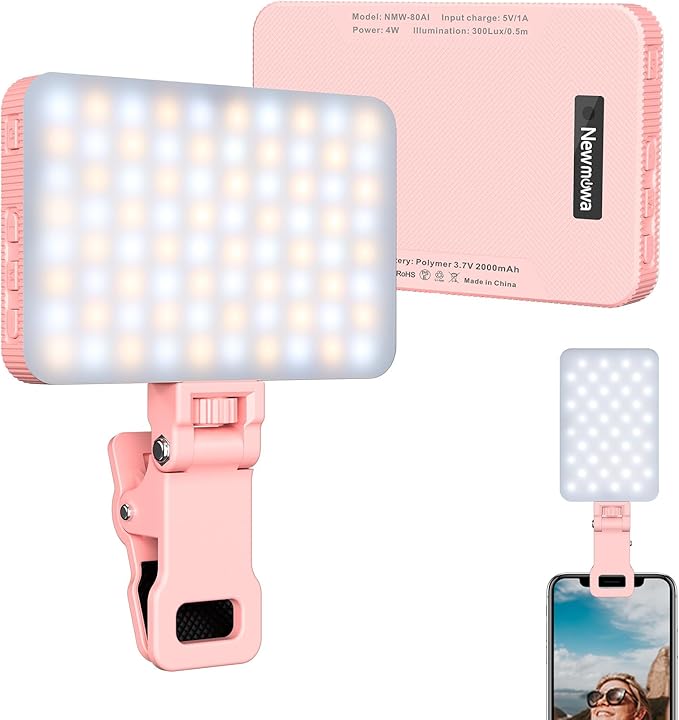Newmowa Pink Rechargeable Selfie Light - Portable Clip-on Video Light for Phone/Laptop/Camera With Smart Sensor, 3 Modes, 2000mAh Battery for Selfie/Makeup/Video Conference/TikTok