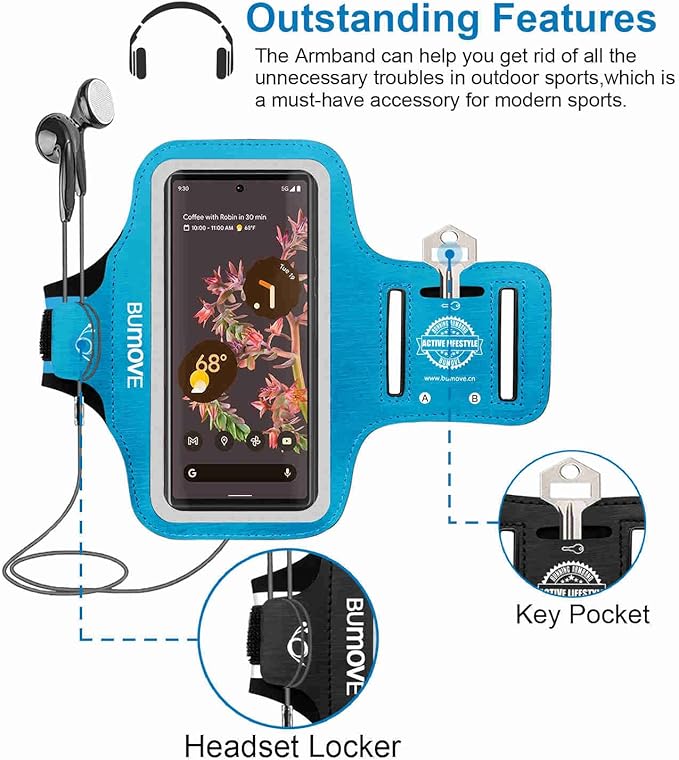 Pixel 9 Pro XL /8 Pro/7 Pro Armband, BUMOVE Gym Running Workouts Sports Phone Arm Band for Google Pixel 9 Pro XL, 8 Pro, 7 Pro, 6 Pro, with Card Holder (Blue)