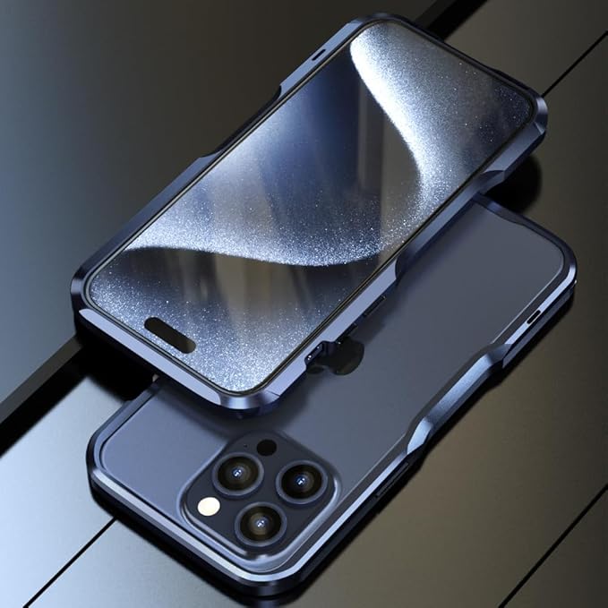 HENGHUI Aluminum Bumpers for iPhone 15 Pro Max Bumper Case with Strap Hole Metal Frame Bumper Cover Shock Absorbent Slim Cool Design (Blue)