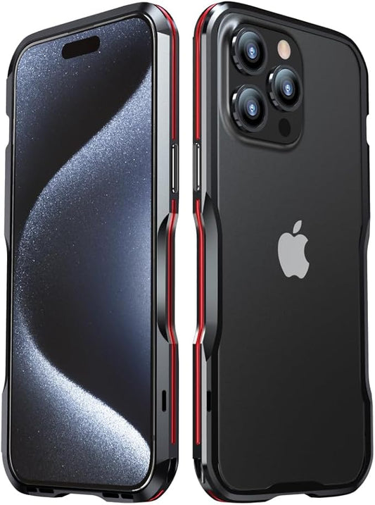 HENGHUI Aluminum Bumpers for iPhone 15 Pro Bumper Case with Strap Hole Metal Frame Bumper Cover Shock Absorbent Slim Cool Design (Black+Red)