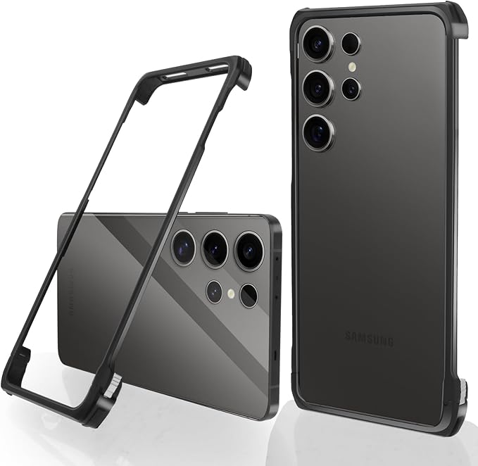 for Samsung Galaxy S25 Ultra Metal Bumper Case Frameless, Slim Fit No Back No Frame Backless Metal Bumper 4 Corners Shockproof Wireless Charging Compatible Heavy Duty (Black)