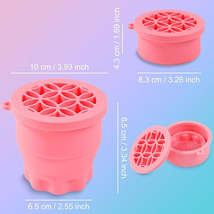 Makeup Brushes Cleaner Mat with Brush Storage Holder, Folding Portable Washing Tool for Makeup Brush Cleaning, 2 In 1 Silicone Brush Cleaner Pad & Cosmetic Brush Organizer Rack (Pink)