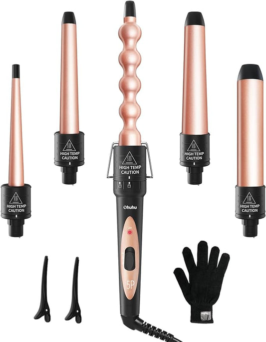 5 in 1 Curling Wand Set: Ohuhu Curling Iron Wand 5Pcs 0.35 to 1.25 Inch Interchangeable Ceramic Barrel Heat Protective Glove 2 Clips Dual Voltage Hair Curler for Women Girl Mother's Day Gift Rose Gold