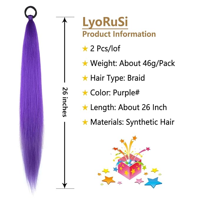 2 Pack Purple Ponytail Extension with Elastic Tie Straight Sleek Wrap Around Braid Ponytail 26 Inch (Purple#)
