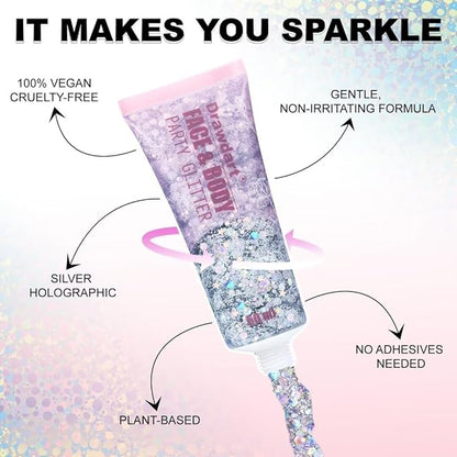 Face & Body Glitter,Cosmetic-Grade Holographic Glitter Gel,50ml Silver Hair Glitter Gel,Rave Glitter,Mermaid Makeup Glitters for Women - Vegan & Cruelty Free