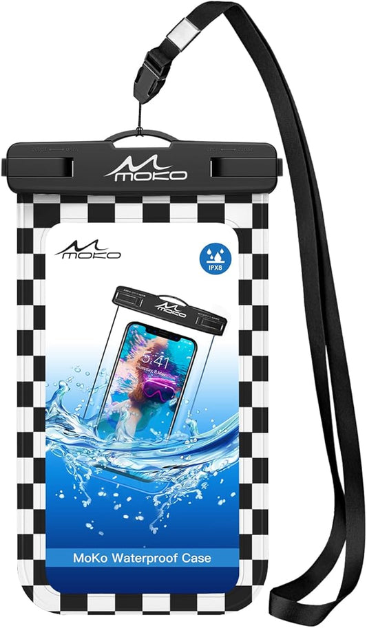 MoKo Waterproof Phone Pouch Holder, Cellphone Case Dry Bag with Lanyard Armband Compatible with iPhone 16 15 14 13 12 11 Pro Max, Samsung S24/S23/S21/S20/S10, Checkerboard