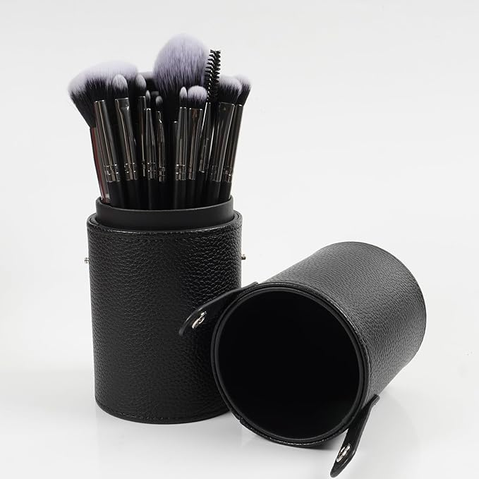 18pcs Makeup Brush Set with Case Dense Synthetic Fiber Premium Metal Ferrule Wood Handle Brushes Includes Powder Foundation Blush Eyeshadow Kit Professional Make up Tools for Women(Black)