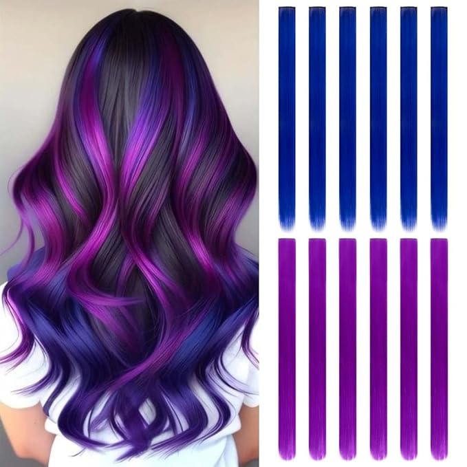 20 Inch Colored Hair Extensions Party Highlights Straight Colorful Clip In Hair Extensions Synthetic Rainbow Hairpieces for Girls Kids Gift(12Pcs, Blue-Purple)