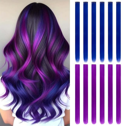 20 Inch Colored Hair Extensions Party Highlights Straight Colorful Clip In Hair Extensions Synthetic Rainbow Hairpieces for Girls Kids Gift(12Pcs, Blue-Purple)