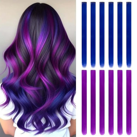 20 Inch Colored Hair Extensions Party Highlights Straight Colorful Clip In Hair Extensions Synthetic Rainbow Hairpieces for Girls Kids Gift(12Pcs, Blue-Purple)