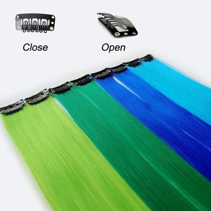 24 Packs Colored Hair Extensions 20Inch Straight Multi-Colors Party Highlights Clip In Hair Extension Synthetic Rainbow Hairpieces for Girls Kids Gift(Blue, Dark Blue, Green, Grass Green)