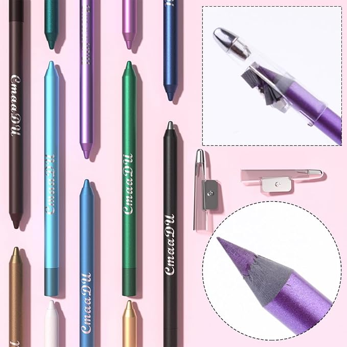 12 Colorful Eyeliner Pen Set, Eye Shadow Pencil, Pearl Eyeliner Kit Metallic Glitter Colored Eye liner for Women Eye&Lip Liner Professional Waterproof Eye Makeup