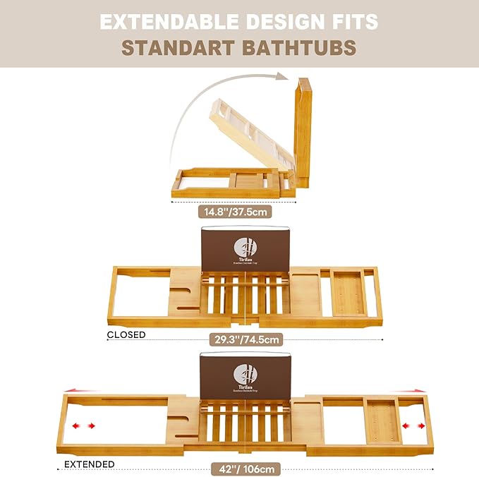 Yirilan Bathtub Tray Caddy, Expandable Wooden Bathroom, Luxury Bamboo Bathtub Tray, Bath Tub Table Caddy, Bamboo
