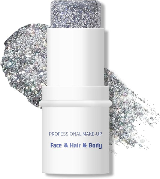 KYDA Body Glitter Stick, Chunky Glitter Gel for Face Body Hair, Sparkling Holographic Mermaid Sequins Paint, Waterproof Multiuse Makeup Glitter Gel, Silver