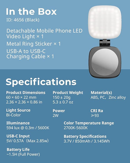 SmallRig Magnetic Selfie Light for iPhone, Phone Light with a Mirror, Instant Attachment for MagSafe, for Selfies, Video Conference, Vibe P48 Black