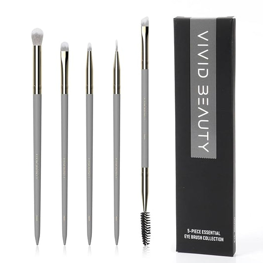 Eye Makeup Brush Set 5pcs - Eyeshadow, Blending, Concealer & Dual-Ended Brow Brushes - Small Travel Make up Tools with Wood Handle & Fluffy Bristles for Natural, Smoky and Glam Eyes Looks (Grey)