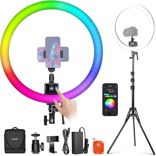 NEEWER SRP18C 18 Inch RGB LED Ring Light Kit with Reversible Tripod Light Stand App Control Phone Holder Compatible with iPhone, Ultra Slim Ringlight for Makeup Video Recording Selfie Studio Streaming