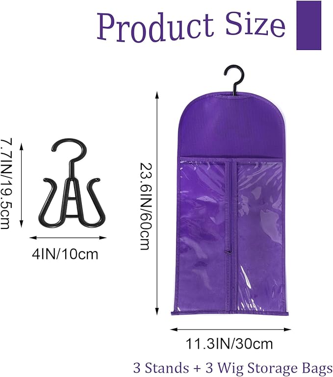 3PCS wig Hanger Hair Extension Holder Wig Storage for Multiple Wigs Bags Storage with Hanger Wig Holder Dust-proof Hair Extension Storage with Hook hair extensions, wigs & accessories (Purple)