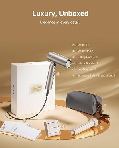 Dreame Pocket Hair Dryer - Ultra Lightweight Blow Dryer with 2 Styling Attachments, Fast Drying, High-Speed Brushless Motor, 300M Negative Ions, Low Noise, Portable for Home & Domestic Travel & Gym
