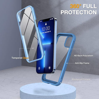 Miracase Glass iPhone 13 Pro Case 6.1 inch, 2023 New Full-Body Clear Bumper Case with Built-in 9H Tempered Glass Screen Protector for iPhone 13 Pro, Capri Blu