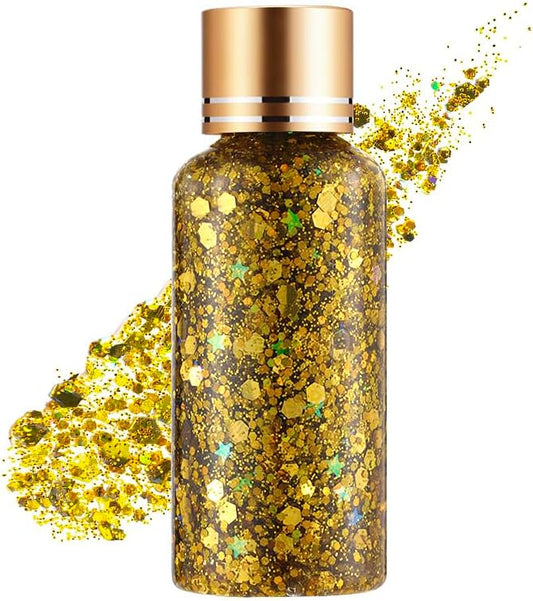Holographic Body Glitter Gel for Face, Body, Nail, Super Long Lasting Waterproof Quick Dry Liquid Chunky Glitter Eyeshadow for St. Patrick's Day Makeup Accessories, 1oz (Gold)