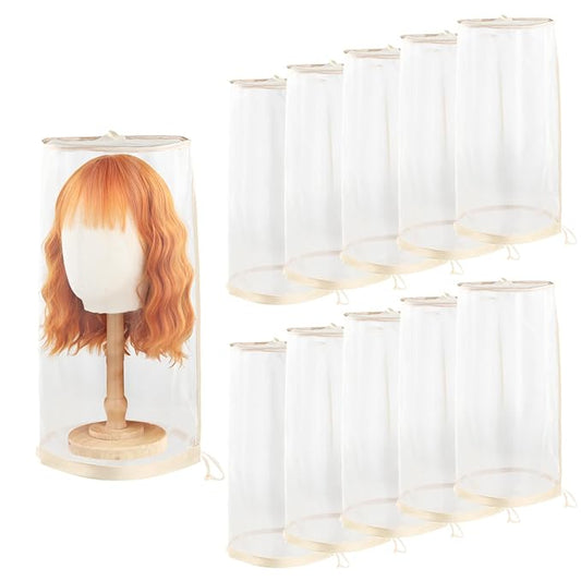 10pcs Wig Storage for Multiple Wigs Bag with Drawstring, Transparent Dust-Free Mesh Hair Extension Storage for Mannequin Head Wig Accessories (Light Golden)