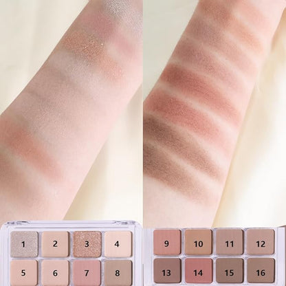 16Color Matte Shimmer Eyeshadow Palette, Natural Nude Brown 16Color Series Eye Shadow Palette Makeup, Warm Glitter Sparkly Eyeshadows Long Lasting Waterproof Naturing-Looking Women Girls Eye Shadow
