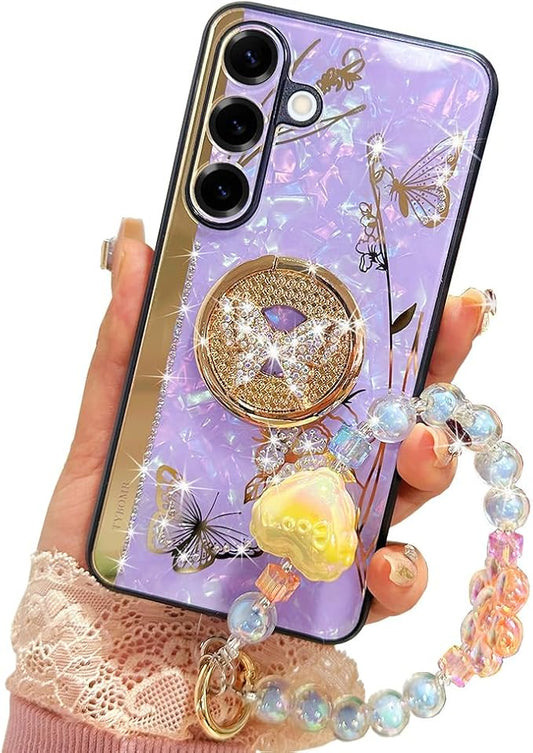 for Samsung Galaxy A16 Case with Kickstand,A16 5G Phone Case Girly Bling Diamond Butterfly Design,Luxury Plating Sparkle Pearl Hard Back Soft TPU Bumper with Bead Strap for Women Girls Purple