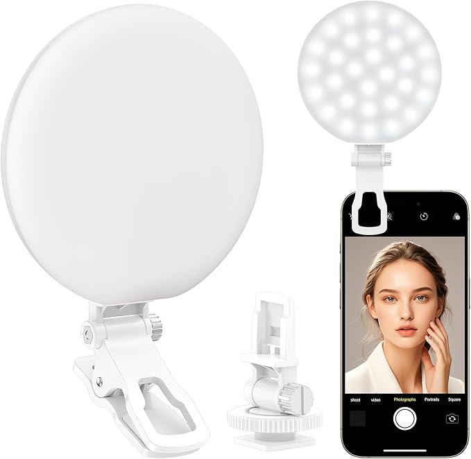 60 LED Ring Light, Rechargeable Selfie With Front & Back Clip, 2500-6500K Portable Phone, Adjustable 3 Modes for iPhone, iPad, Tablet, Laptop, CRI97+, 90 Grams (White)