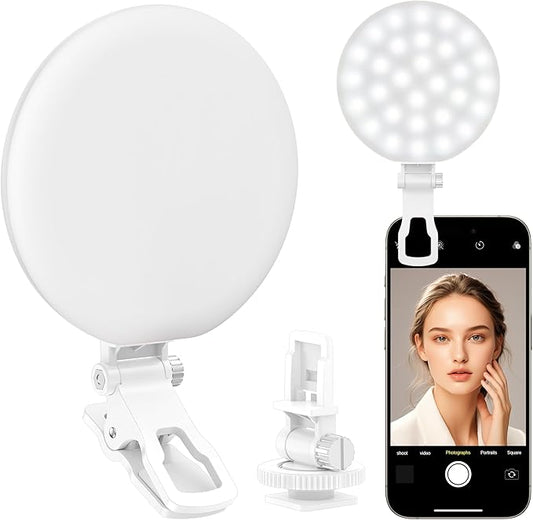 60 LED Ring Light, Rechargeable Selfie With Front & Back Clip, 2500-6500K Portable Phone, Adjustable 3 Modes for iPhone, iPad, Tablet, Laptop, CRI97+, 90 Grams (White)