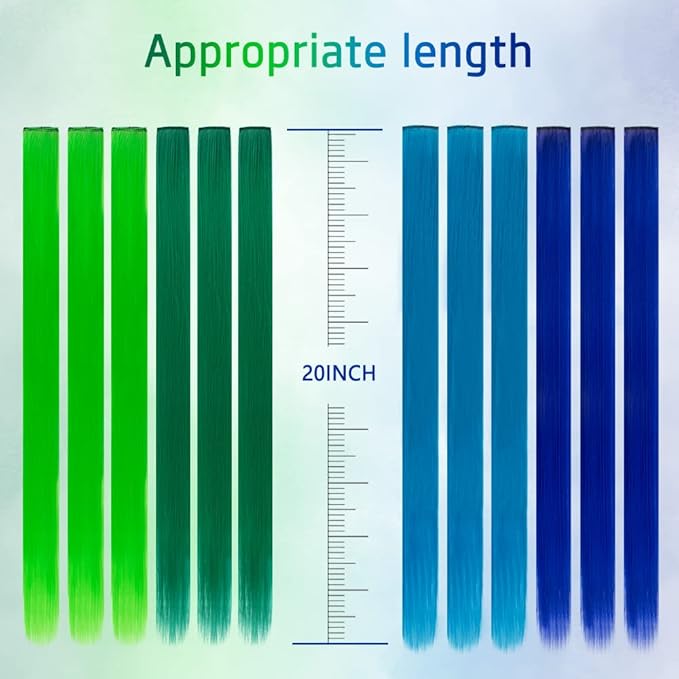 24 Packs Colored Hair Extensions 20Inch Straight Multi-Colors Party Highlights Clip In Hair Extension Synthetic Rainbow Hairpieces for Girls Kids Gift(Blue, Dark Blue, Green, Grass Green)