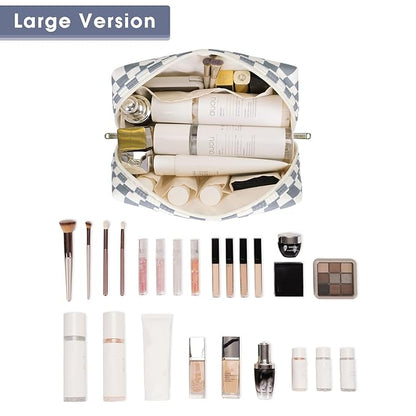 Narwey Checkered Makeup Bag Travel Cosmetic Bag Organizer Toiletry Bag Make Up Bags with Compartments for Women Girls (Large, Grayish Blue Checkerboard)