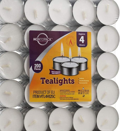 MontoPack Unscented Tea Lights Candles in Bulk | 200 White, Smokeless, Dripless & Long-Lasting Paraffin Tea Candles | Small Votive for Home, Pool, Shabbat, Weddings & Emergencies